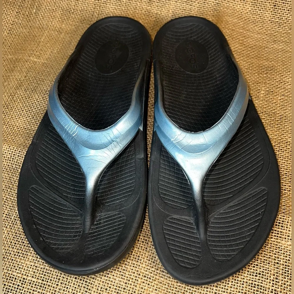 OOFOS Black and Silver Women's Sandals - Picture 3 of 5